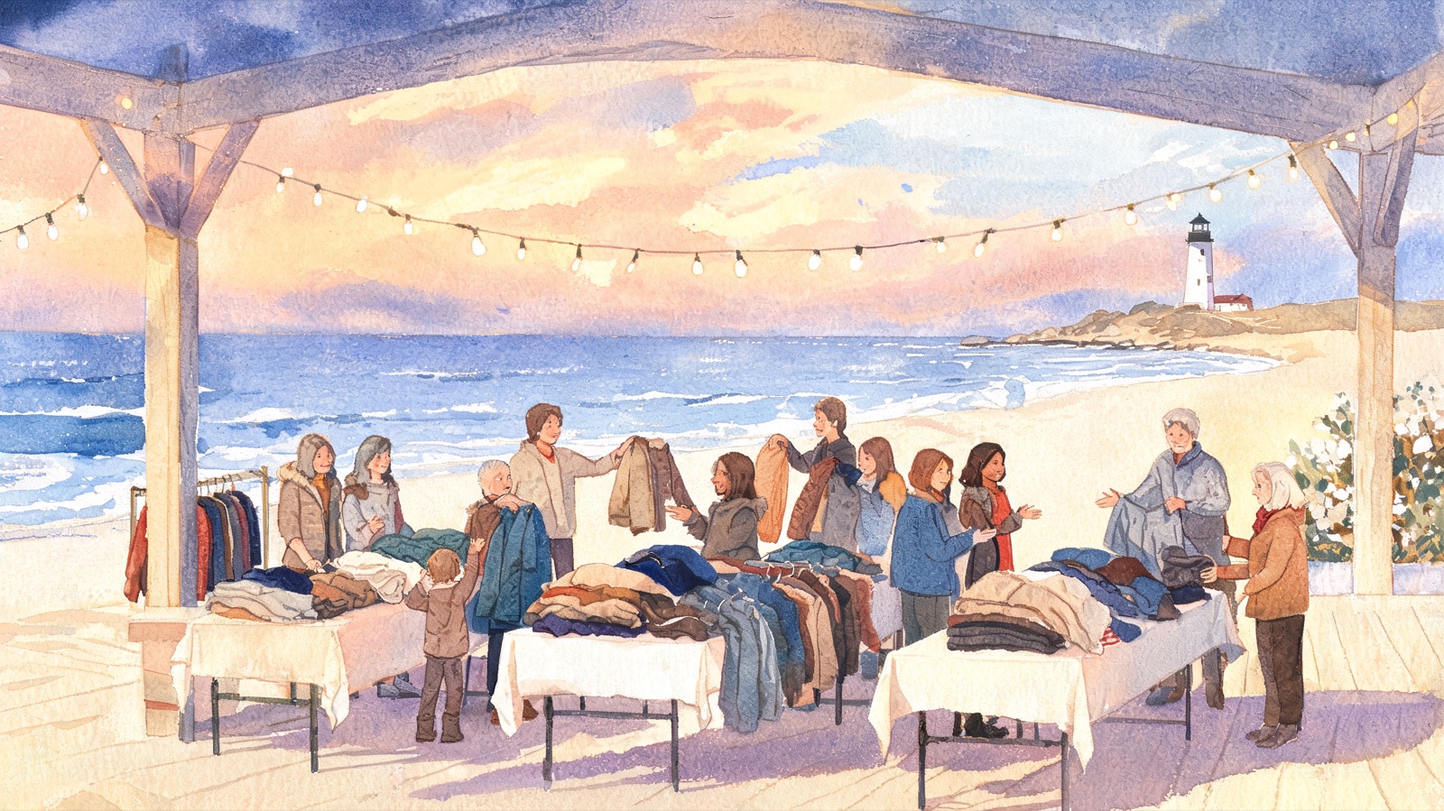 Watercolor illustration of neighbors handing out winter coats at a seaside community pavilion at golden hour, with a lighthouse in the distance