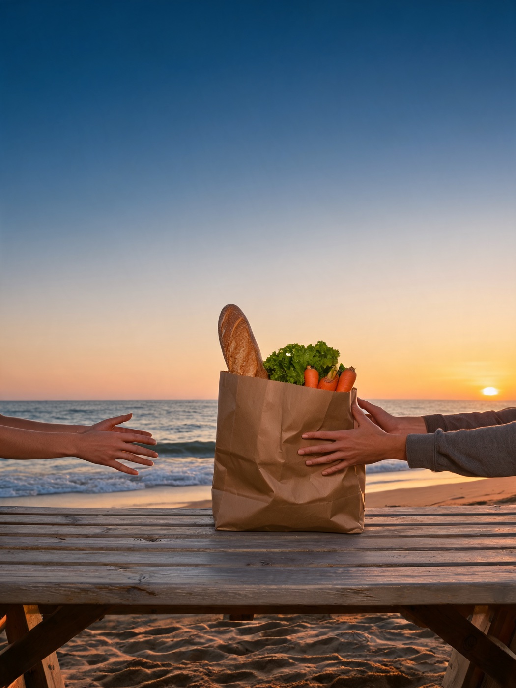Two pairs of hands passing a paper bag of bread and vegetables across a wooden table on the beach at sunset